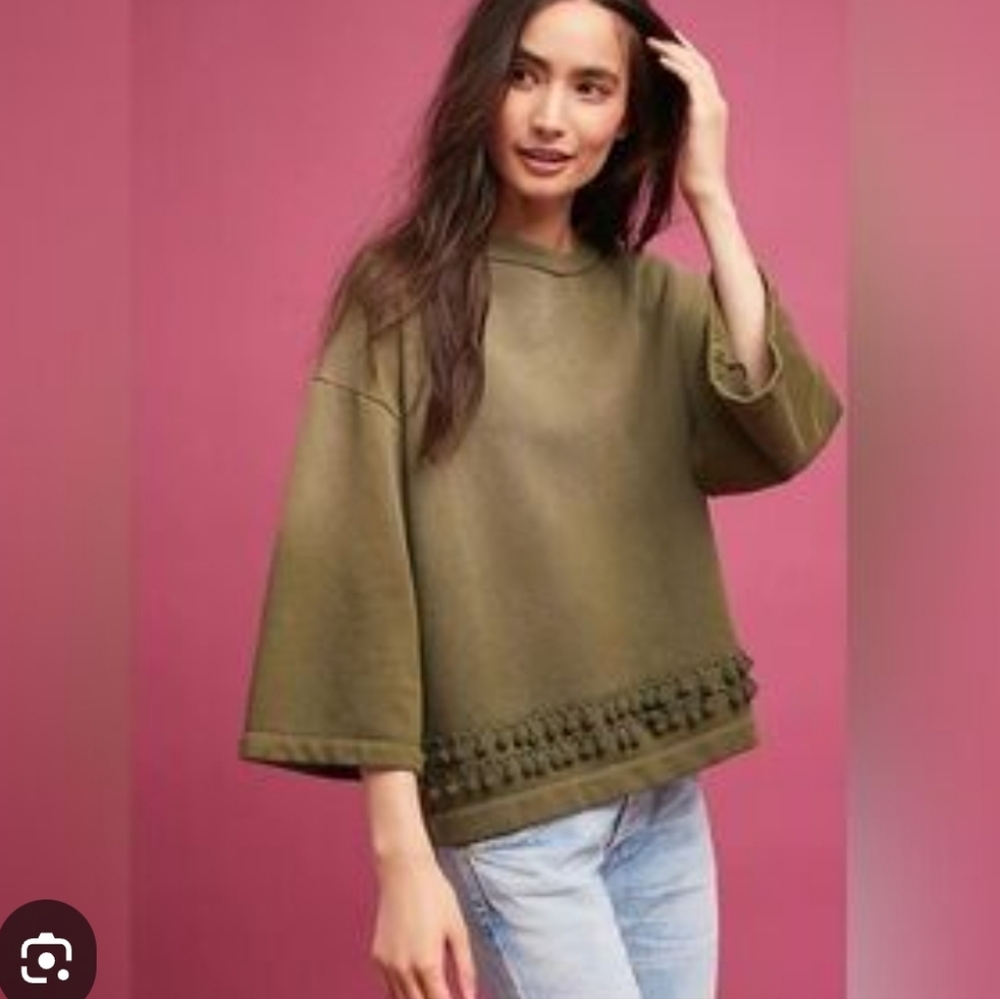 Current/Elliott Dark‎ Olive Green Pom Pom Sweatshirt, a relaxed-fit cotton top